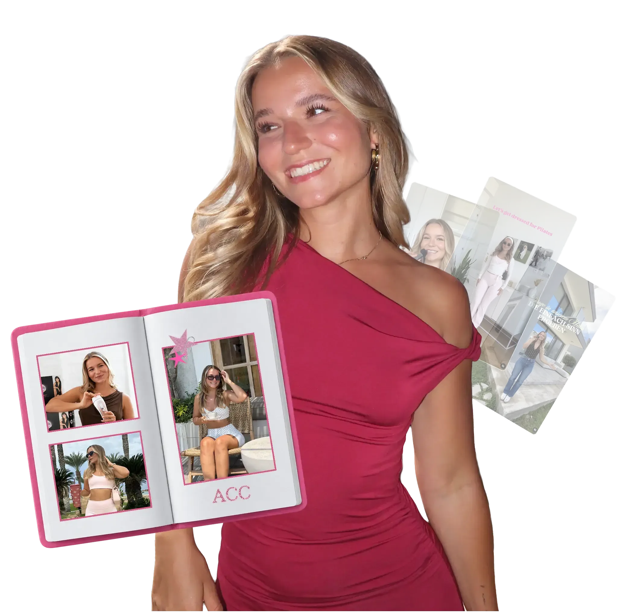 Alina hält ein aufgeschlagenes Fotobuch mit UGC-Aufnahmen
